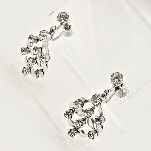 Vintage Silver Tone Rhinestone Dangle Earrings Screw Back Floral Chandelier Spar
